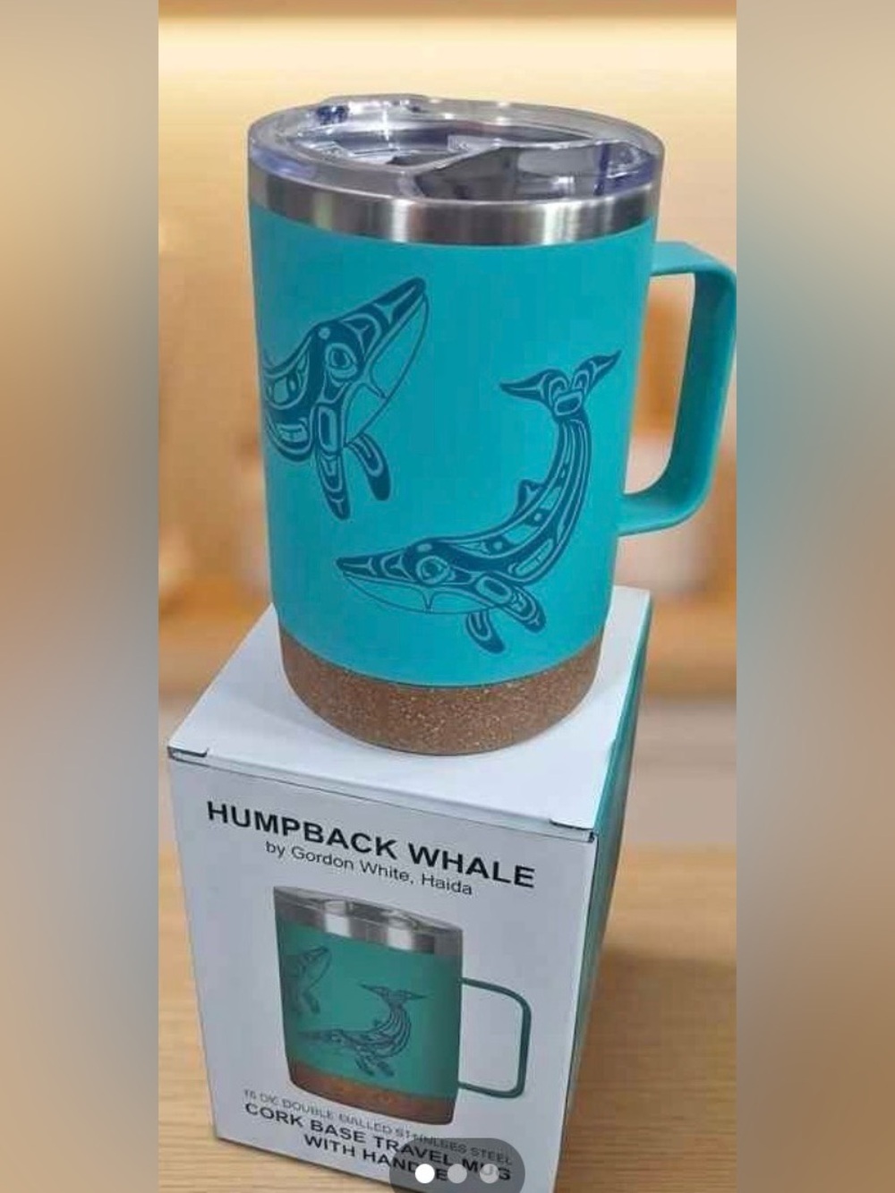 Teal Humpback Whale Cork Base Travel Mug - Insulated Handle